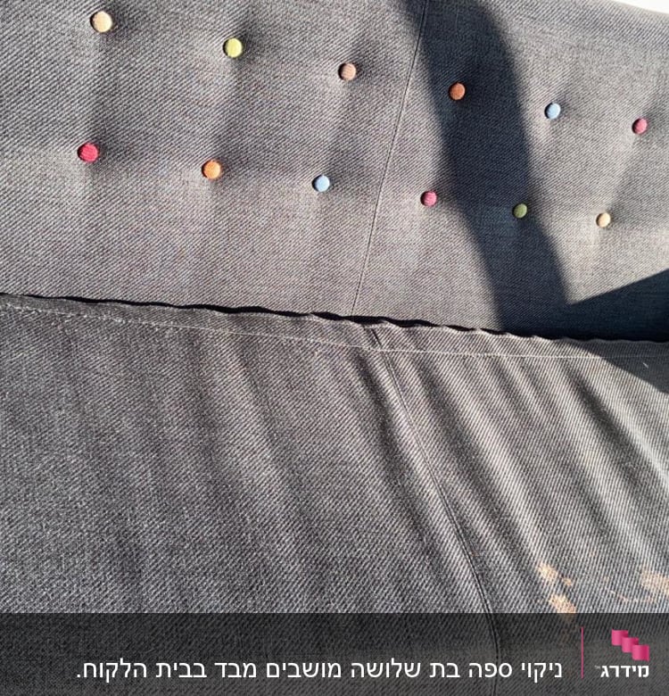 כתמים על ספת בד אפורה עם כפתורים צבעוניים